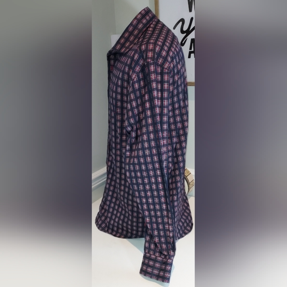 Bugatchi Blue With Multi Colored Squares Collared… - image 3